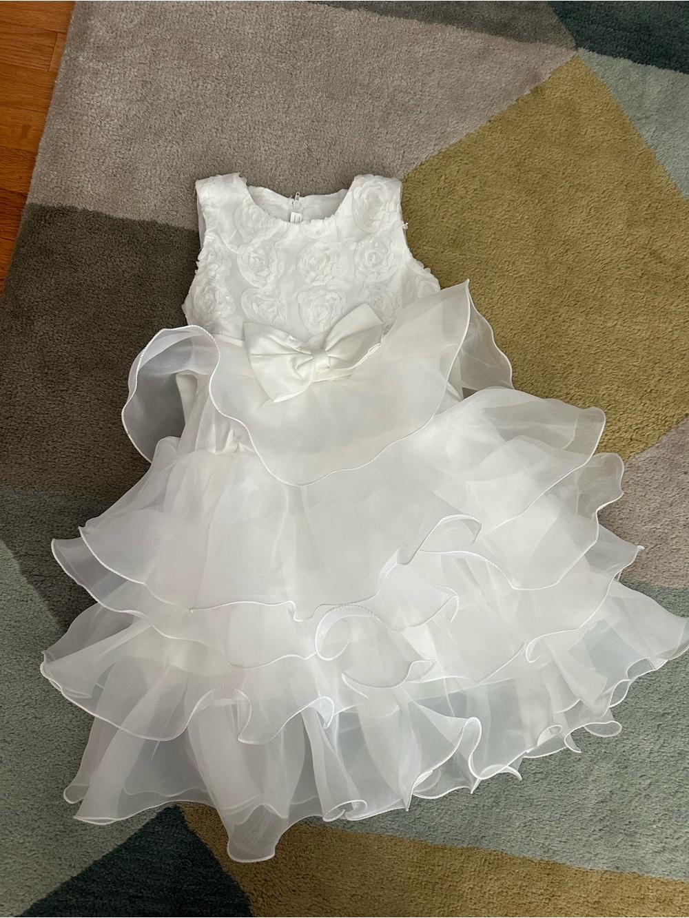 White Ruffled Flower-Embellished Girls' Dress